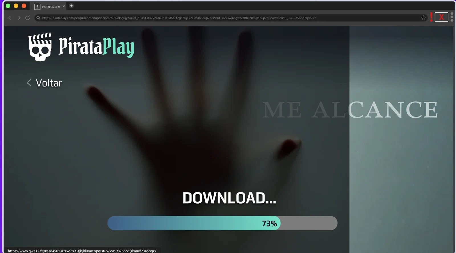 Tela de download da PirataPlay com mão desfocada e barra em 73%