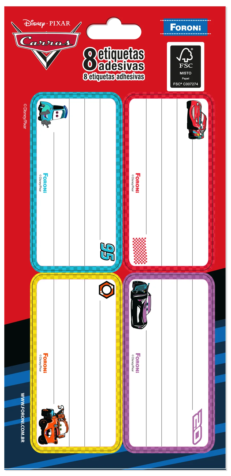 Cartela de oito etiquetas adesivas Carros